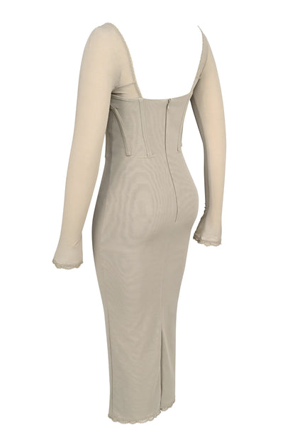 Saisha Beige Mesh Long Sleeve Bodycon Midi Dress