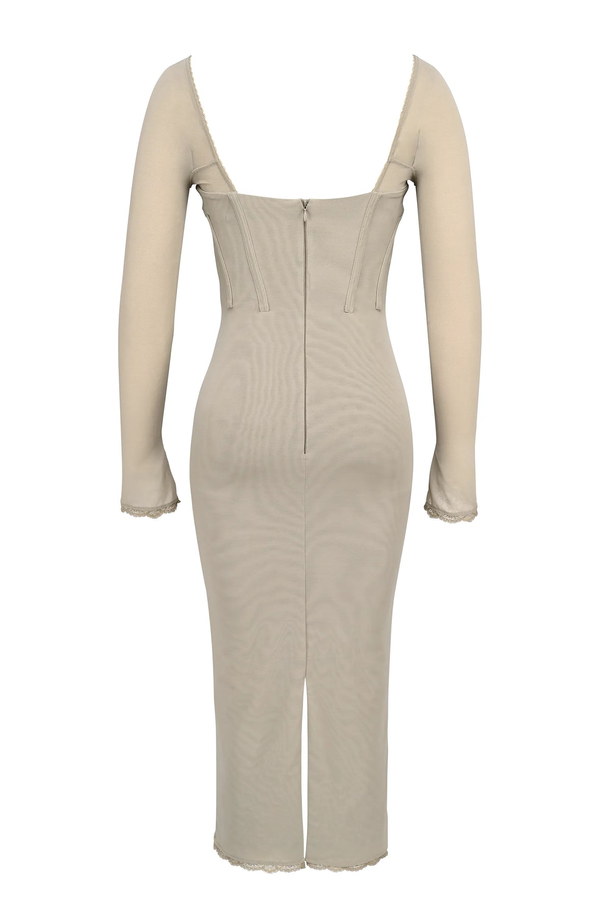 Saisha Beige Mesh Long Sleeve Bodycon Midi Dress