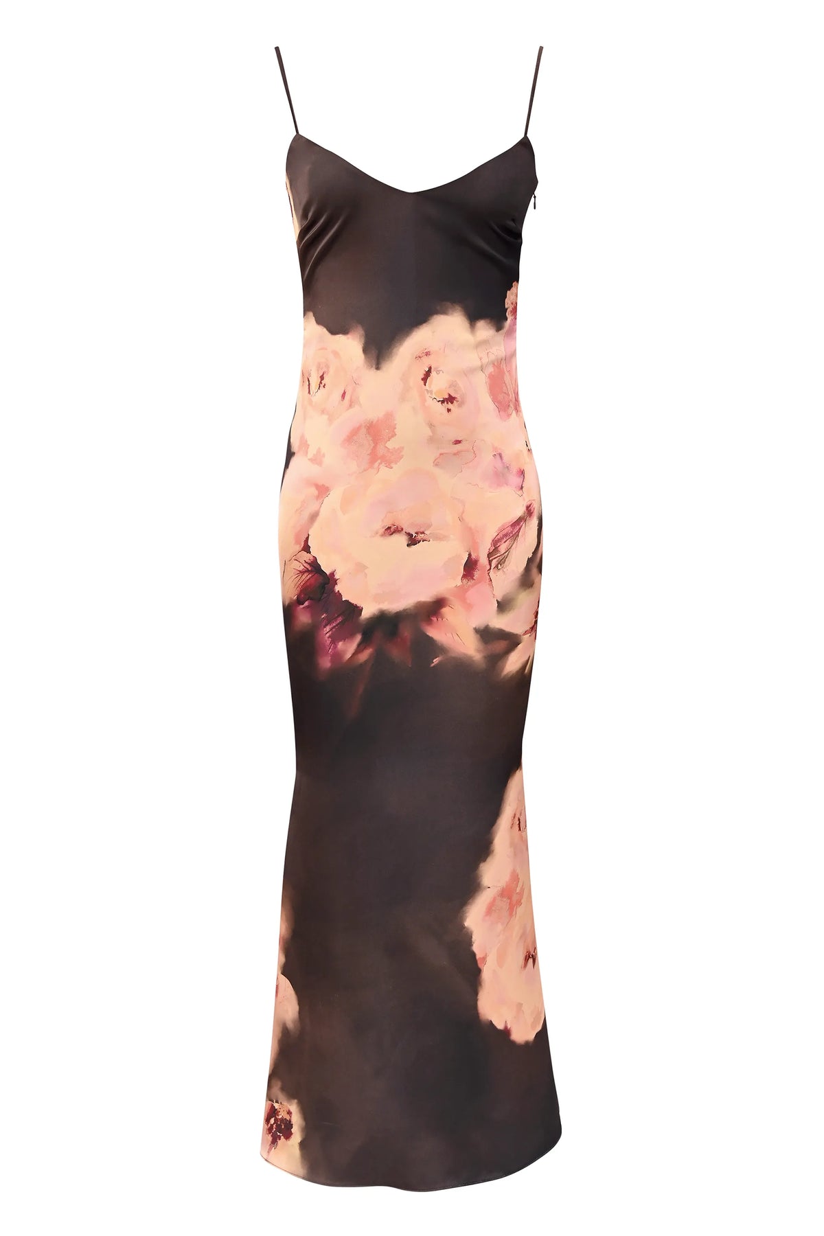 Mariamma Dark Brown Floral Printed Satin Maxi Dress