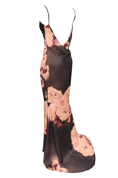 Mariamma Dark Brown Floral Printed Satin Maxi Dress