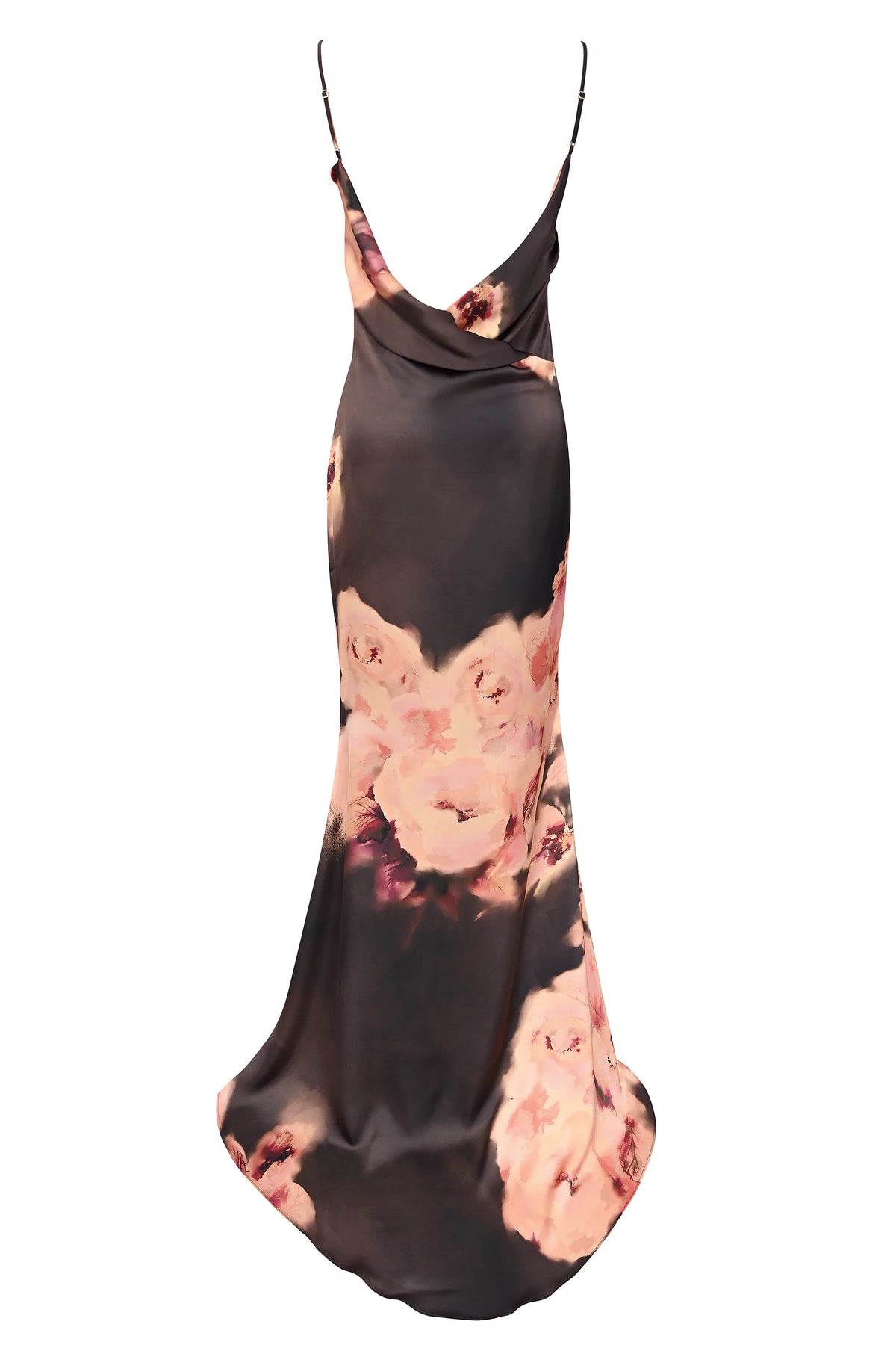 Mariamma Dark Brown Floral Printed Satin Maxi Dress