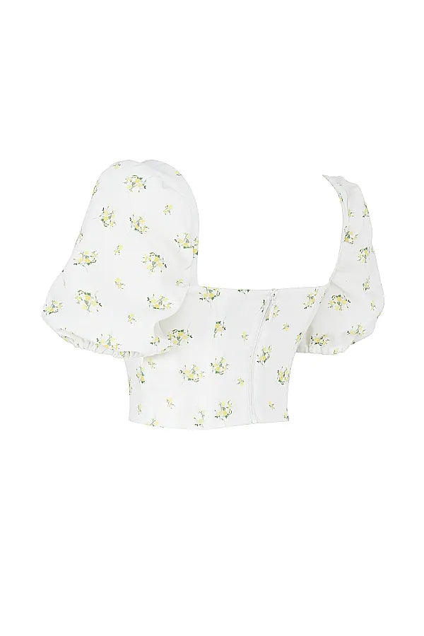 Arianna Ivory Floral Puff Sleeve Cropped Top