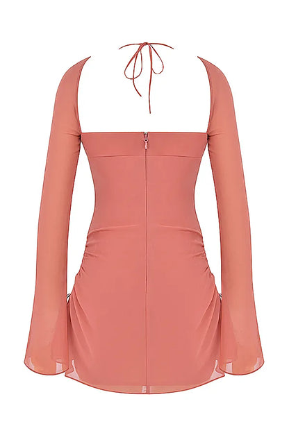 Baby Pink Chiffon Cutout Halter Mini Dress