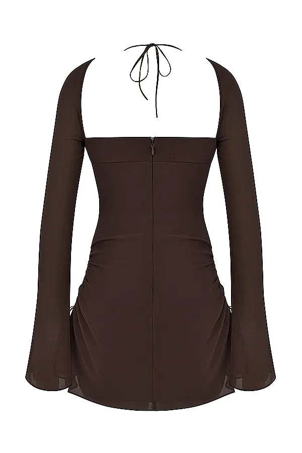 Baby Chocolate Chiffon Cutout Halter Mini Dress