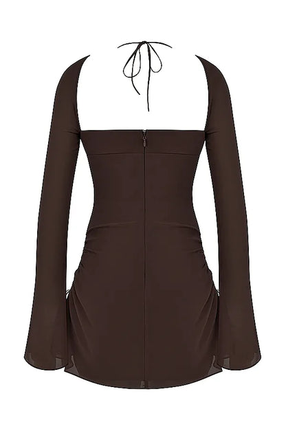 Baby Chocolate Chiffon Cutout Halter Mini Dress