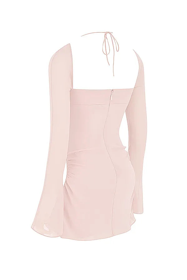 Baby Pink Quartz Chiffon Cutout Halter Mini Dress