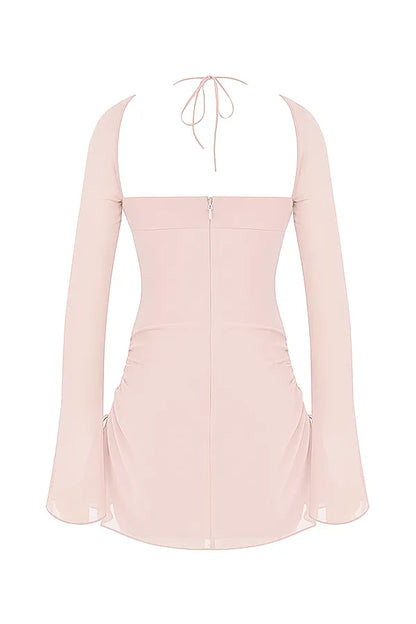 Baby Pink Quartz Chiffon Cutout Halter Mini Dress