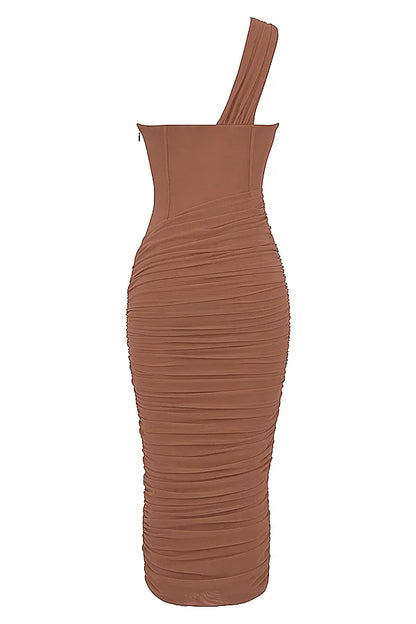 Valentina Mocha Asymmetric Cutout Midi Dress