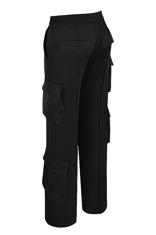 Daria Black Satin Straight Leg Cargo Trousers