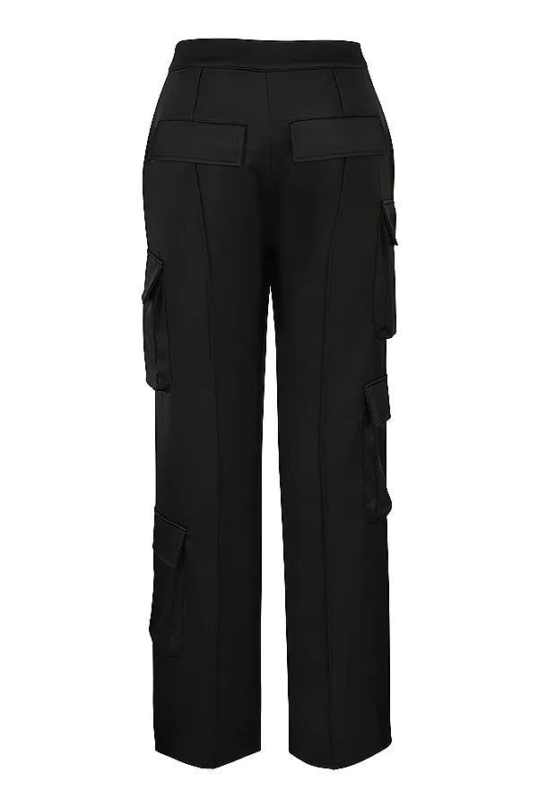 Daria Black Satin Straight Leg Cargo Trousers