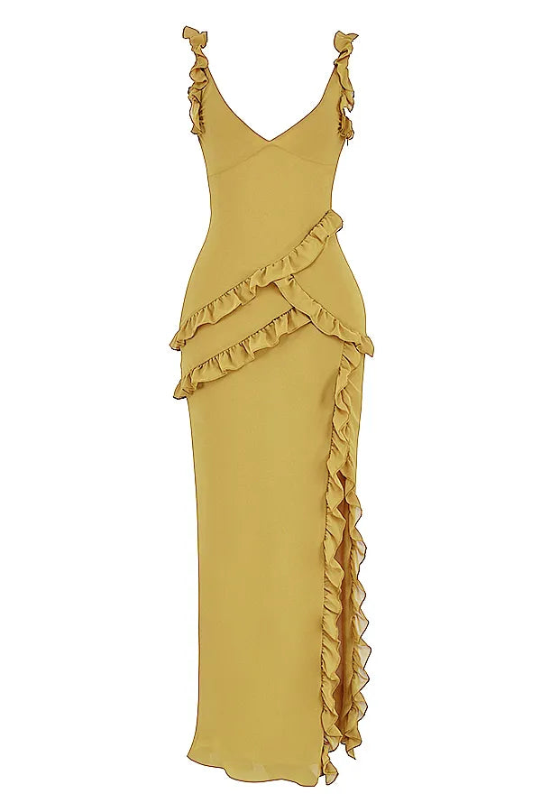 Pixie Olive Ruffle Maxi Dress