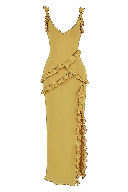 Pixie Olive Ruffle Maxi Dress