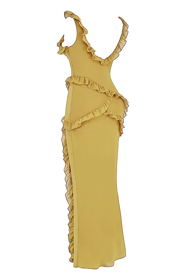 Pixie Olive Ruffle Maxi Dress