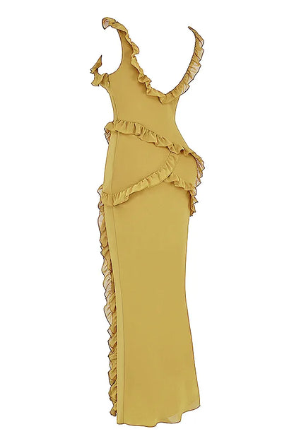 Pixie Olive Ruffle Maxi Dress