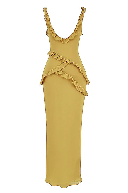 Pixie Olive Ruffle Maxi Dress