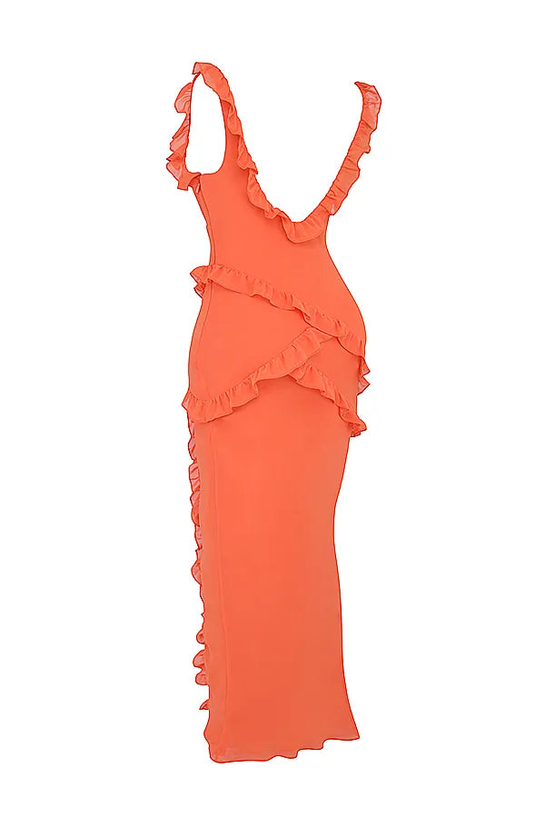 Pixie Flame Orange Ruffle Maxi Dress