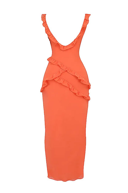 Pixie Flame Orange Ruffle Maxi Dress