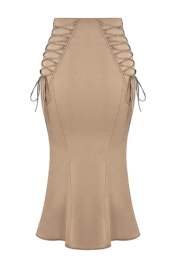 Sidonie Latte Satin Lace Up Midi Skirt
