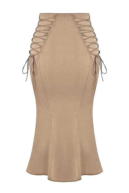Sidonie Latte Satin Lace Up Midi Skirt