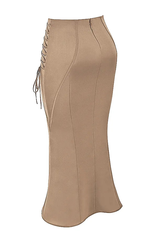 Sidonie Latte Satin Lace Up Midi Skirt