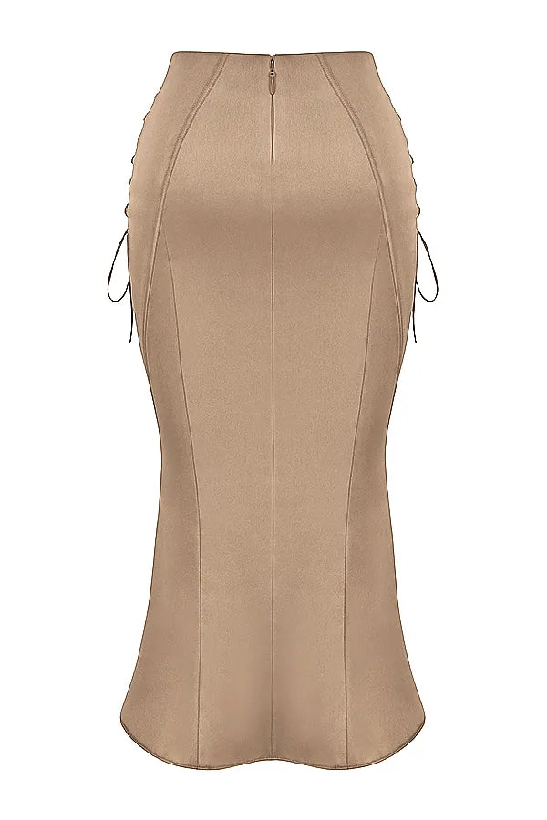 Sidonie Latte Satin Lace Up Midi Skirt