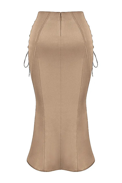 Sidonie Latte Satin Lace Up Midi Skirt