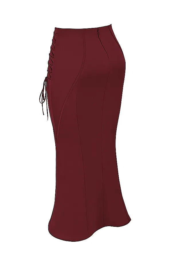 Sidonie Wine Satin Lace Up Midi Skirt