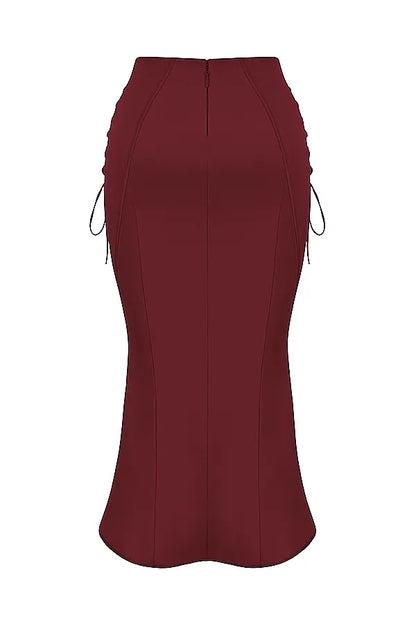 Sidonie Wine Satin Lace Up Midi Skirt