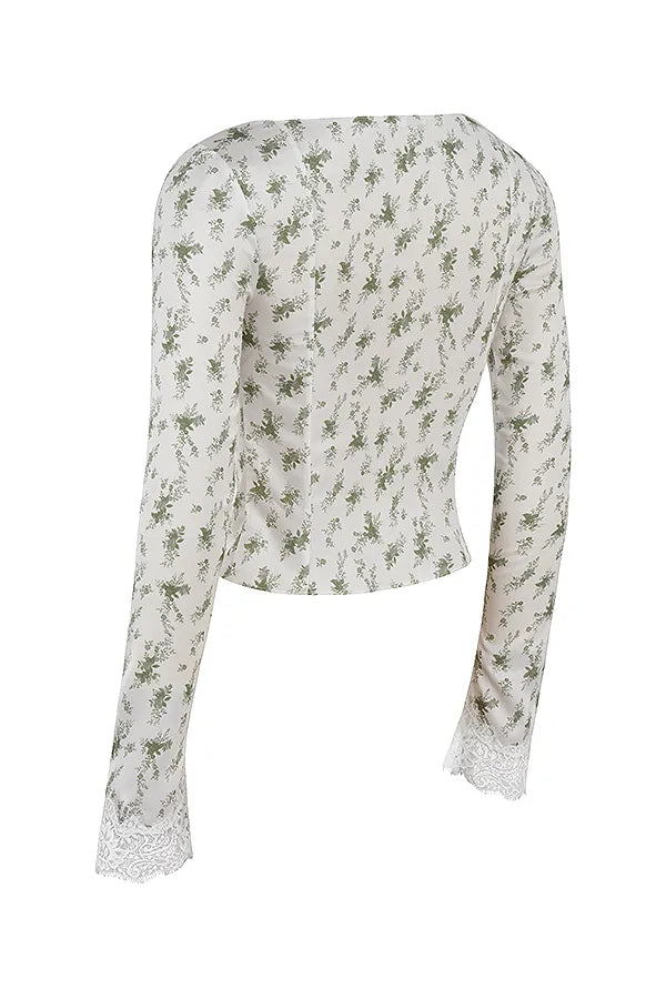 Clarissa Garden Print Lace Trim Top