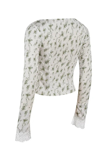 Clarissa Garden Print Lace Trim Top