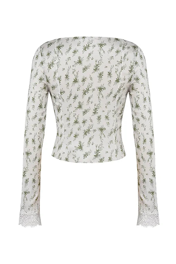 Clarissa Garden Print Lace Trim Top