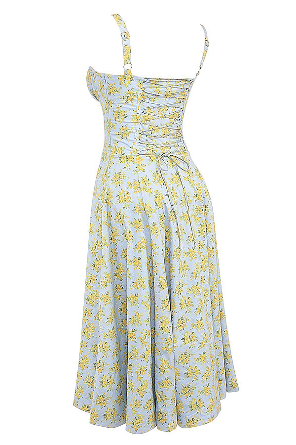 Carmen Soft Blue Vintage Floral Print Cotton Bustier Sundress