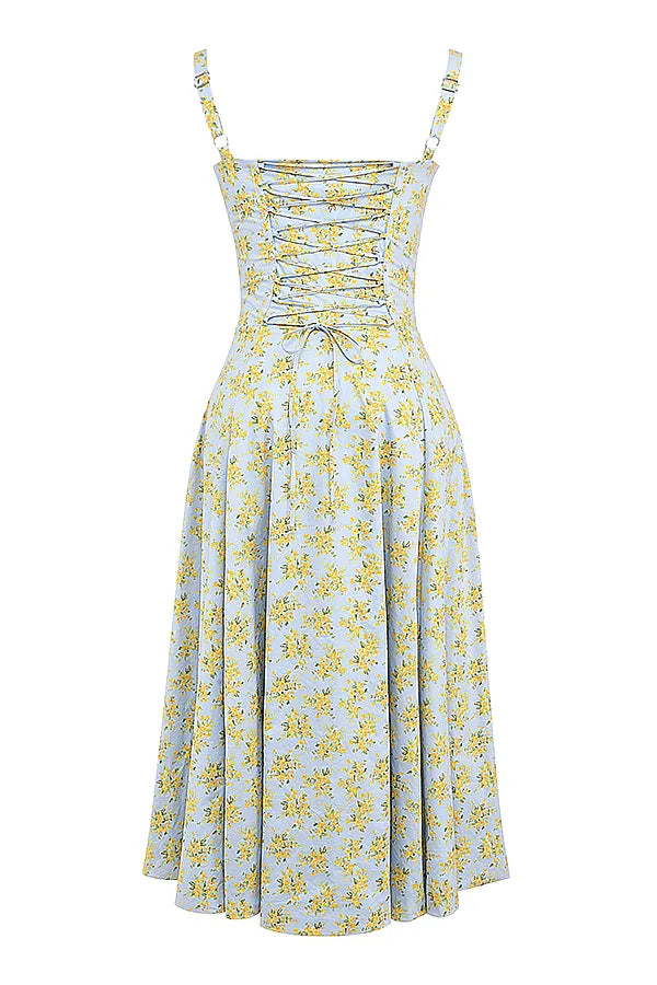 Carmen Soft Blue Vintage Floral Print Cotton Bustier Sundress