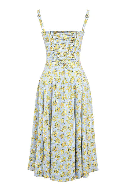 Carmen Soft Blue Vintage Floral Print Cotton Bustier Sundress