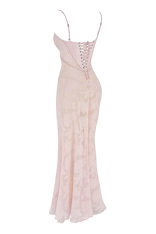Seren Soft Pink Floral Lace Back Maxi Dress