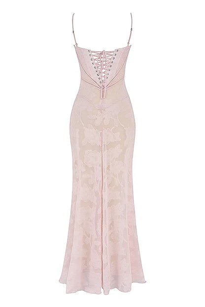 Seren Soft Pink Floral Lace Back Maxi Dress