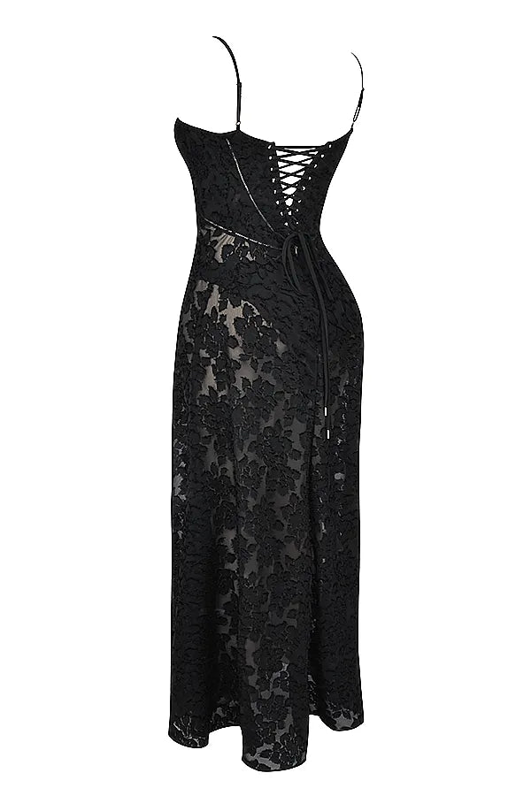 Seren Black Floral Lace Back Maxi Dress