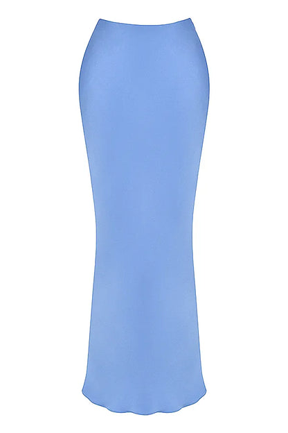 Clara Blue Satin Bias Cut Midi Skirt