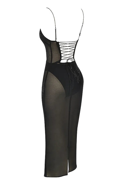 Amirah Black Mesh Crystal Embellished Midi Dress