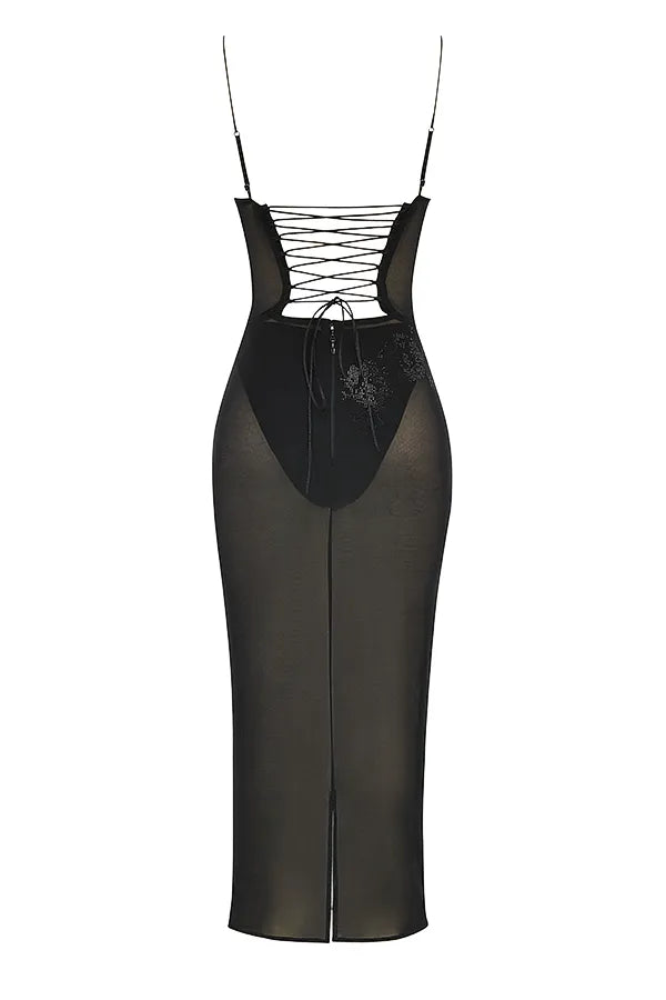 Amirah Black Mesh Crystal Embellished Midi Dress
