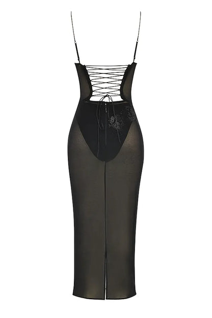 Amirah Black Mesh Crystal Embellished Midi Dress