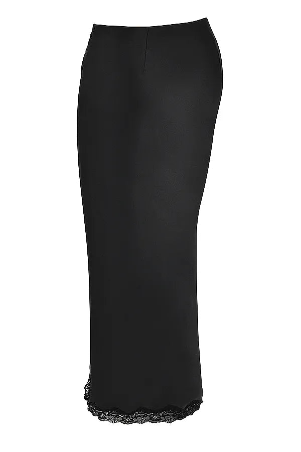 Ruby Black Satin Lace Trim Midi Skirt