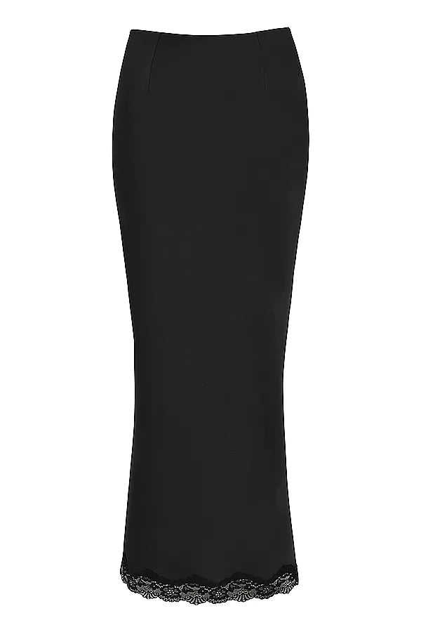 Ruby Black Satin Lace Trim Midi Skirt