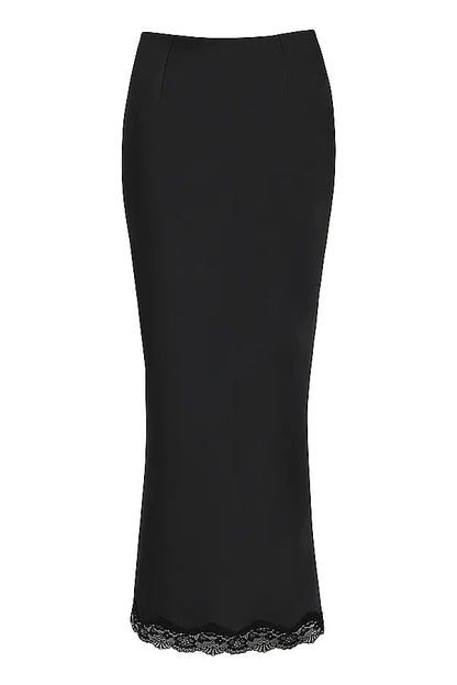 Ruby Black Satin Lace Trim Midi Skirt