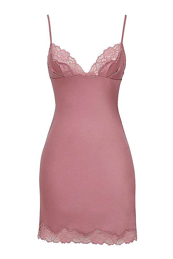 Nia Rose Pink Satin & Lace Slip Dress