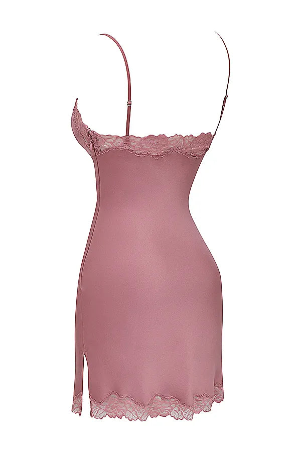 Nia Rose Pink Satin & Lace Slip Dress
