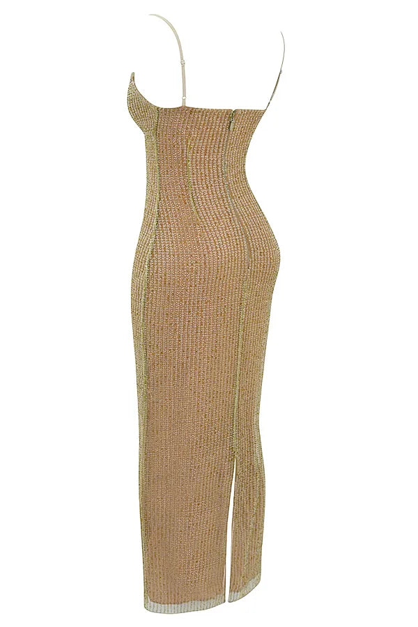 Alondra Cafe Au Lait Beaded Maxi Dress - Limited Edition