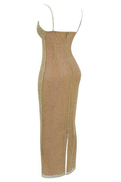 Alondra Cafe Au Lait Beaded Maxi Dress - Limited Edition