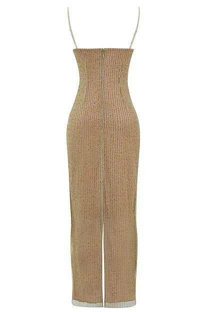 Alondra Cafe Au Lait Beaded Maxi Dress - Limited Edition