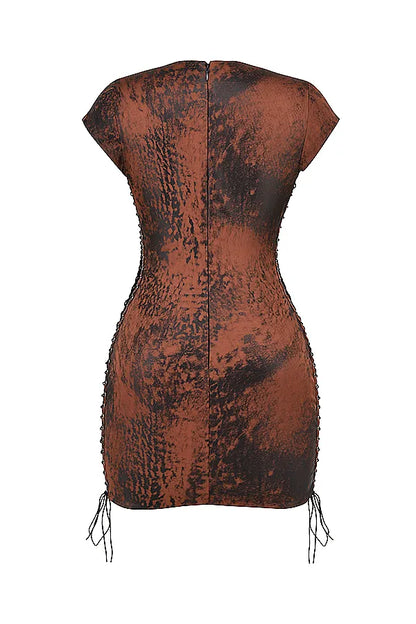 Daphne Antique Copper Lace up Mini Dress